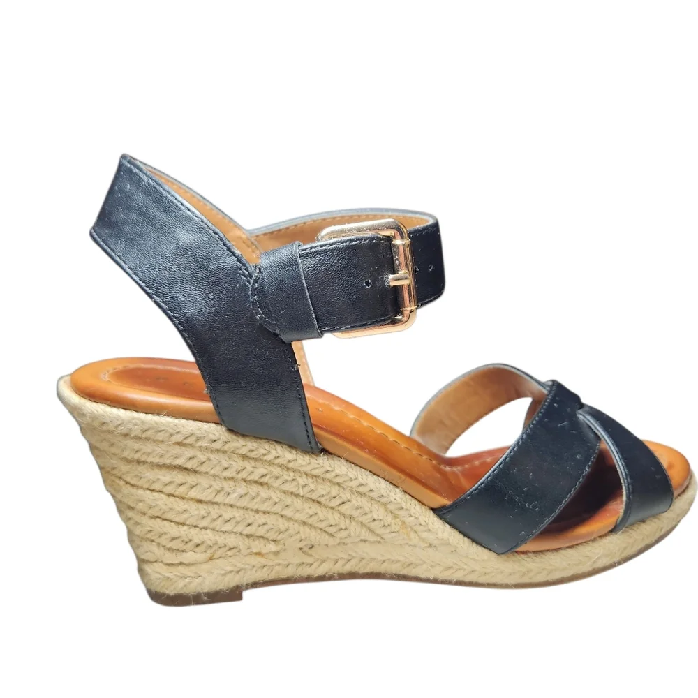 Pesaro Espadrille Wedge Black Vegan Leather Sandals Ankle Strap‎ Gold Buckle 8